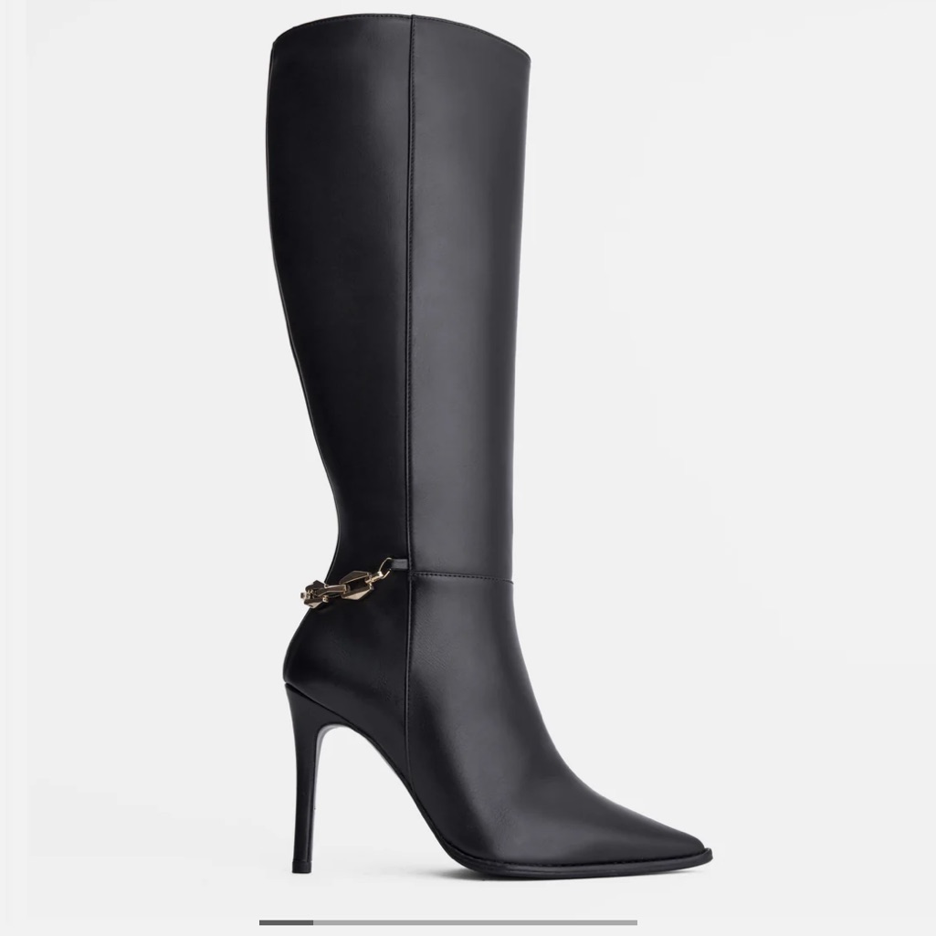 Women's Black Knee-High Stiletto Boot With Chain Accent